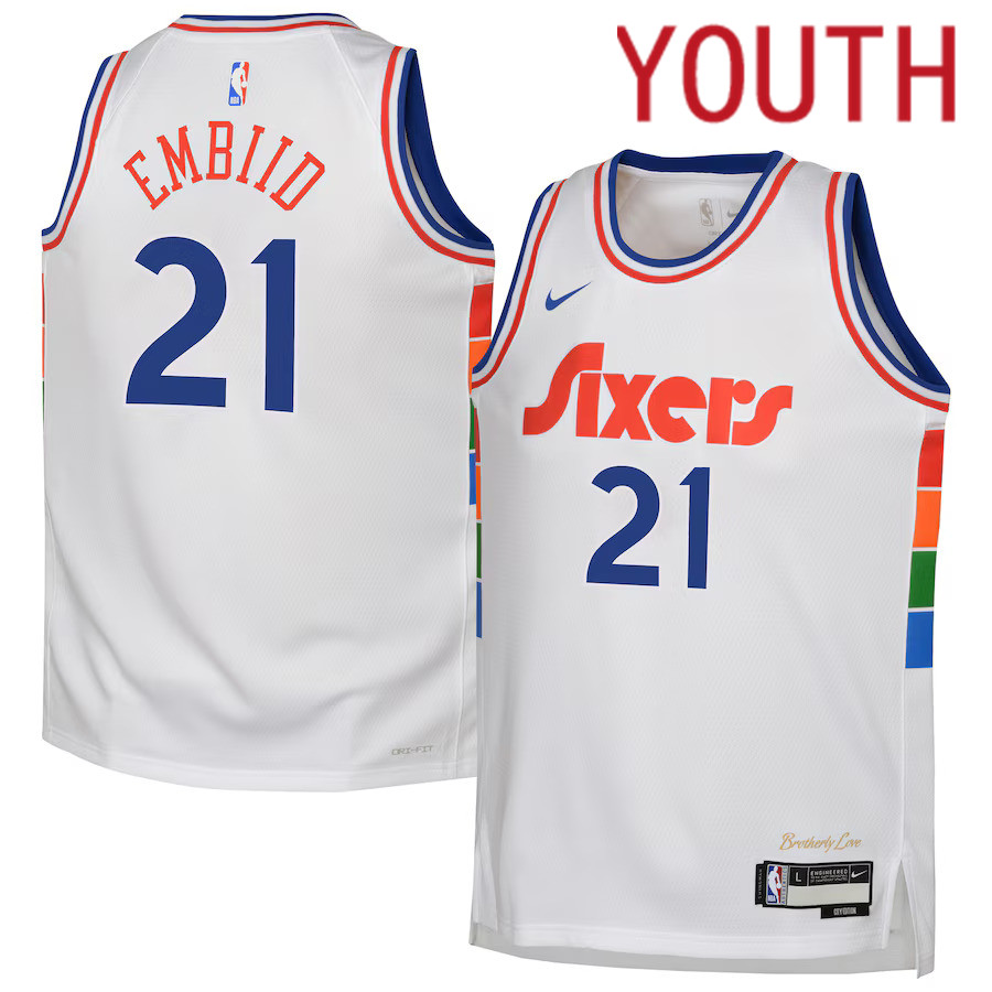 Youth Philadelphia 76ers #21 Joel Embiid Nike White City Edition 2024-25 Swingman Player NBA Jersey->youth nba jersey->Youth Jersey